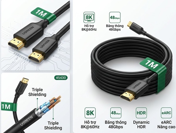 Cáp HDMI 2.1 Dài 1M 8K@60Hz 48Gbps HDR eARC UGREEN 45430